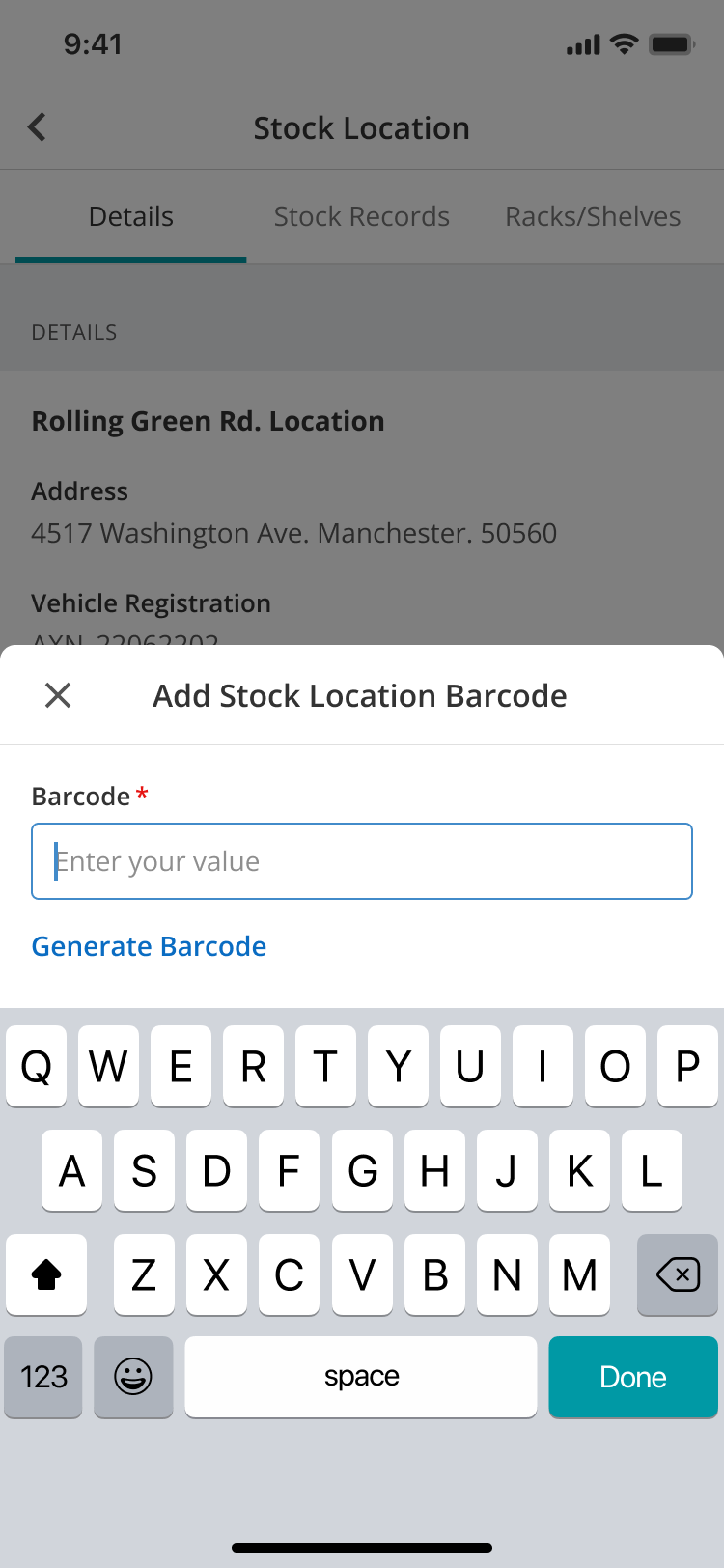 WarehouseFlow Add Stock Location Barcode panel with manual entry and Generate Barcode options