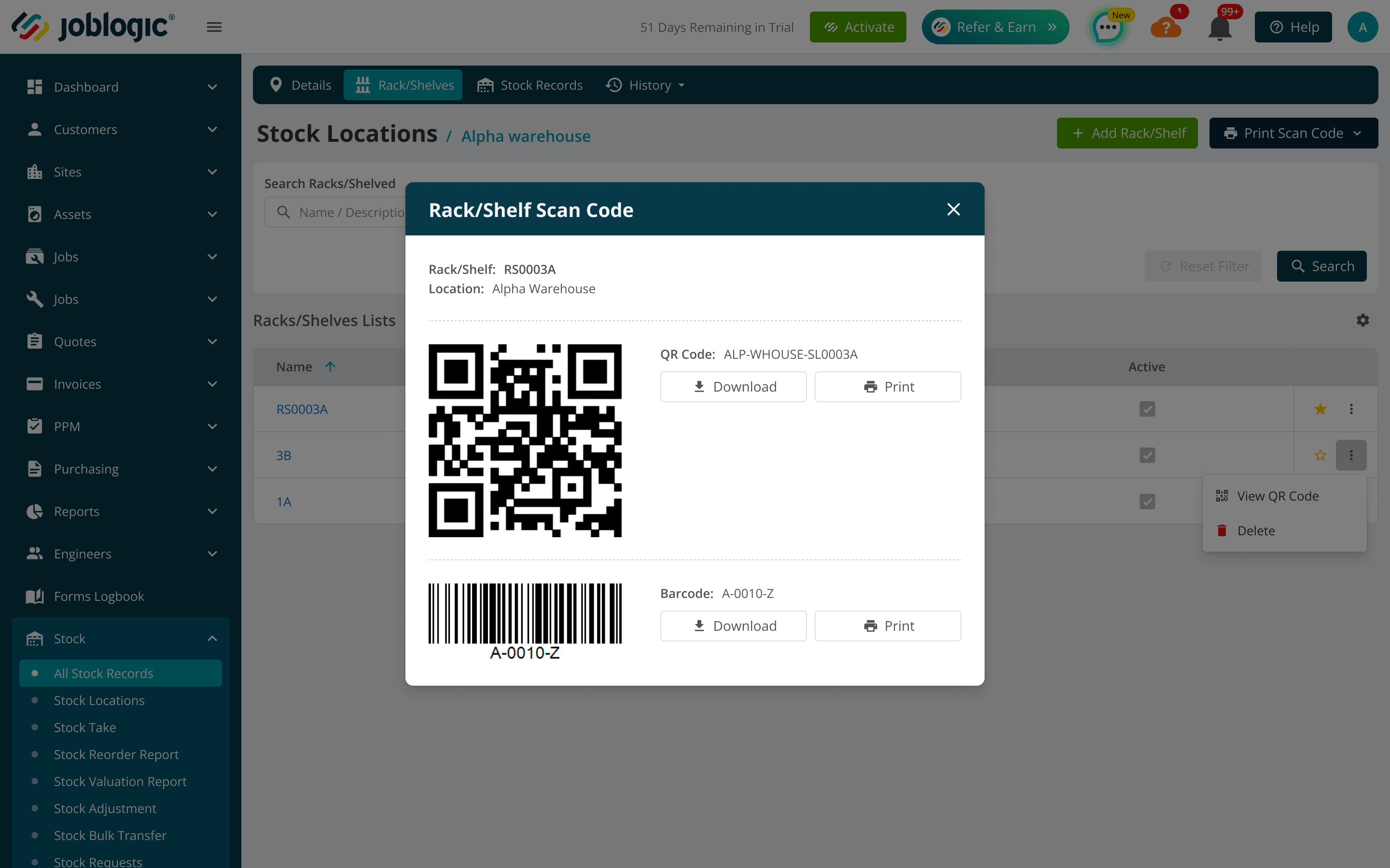 Back Office Rack or Shelf Scan Code window showing a QR Code and Barcode