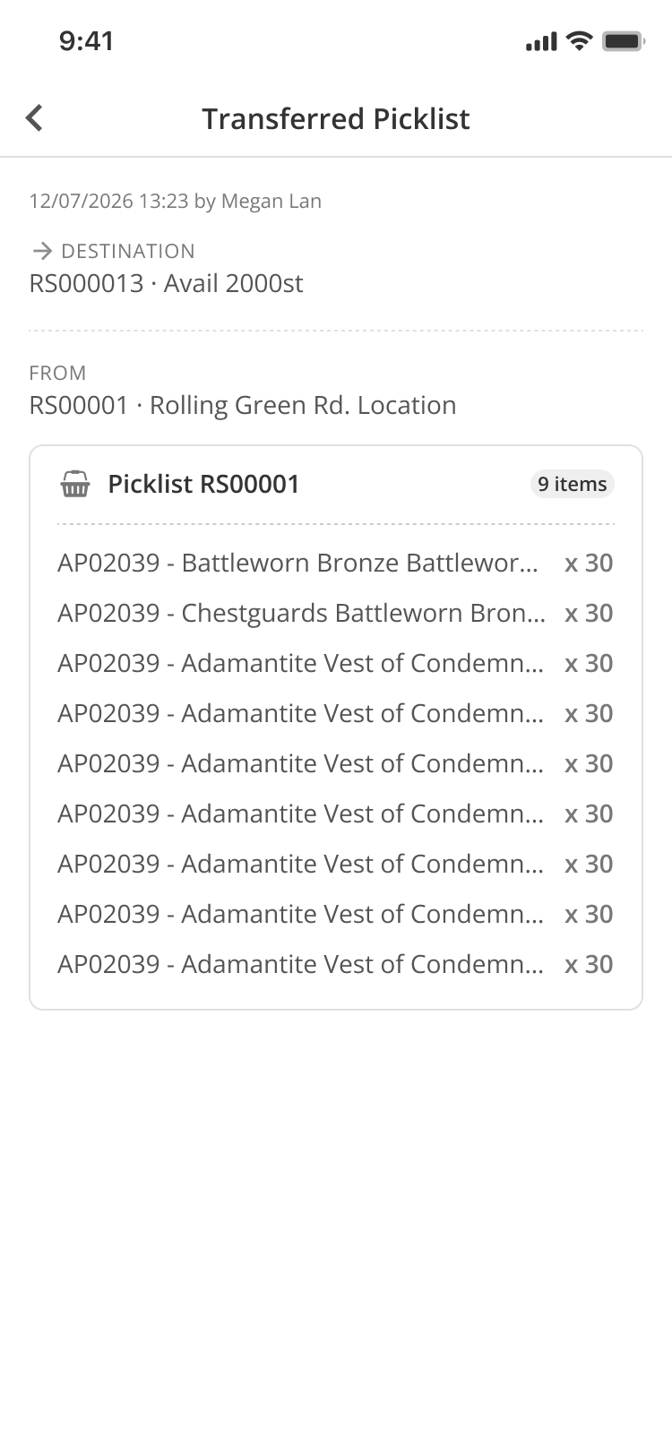 WarehouseFlow Transferred Picklist details showing the source, destination and transferred items