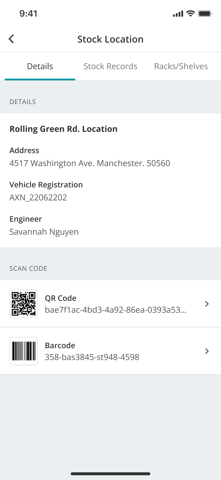 WarehouseFlow Stock Location details showing existing QR Code and Barcode values