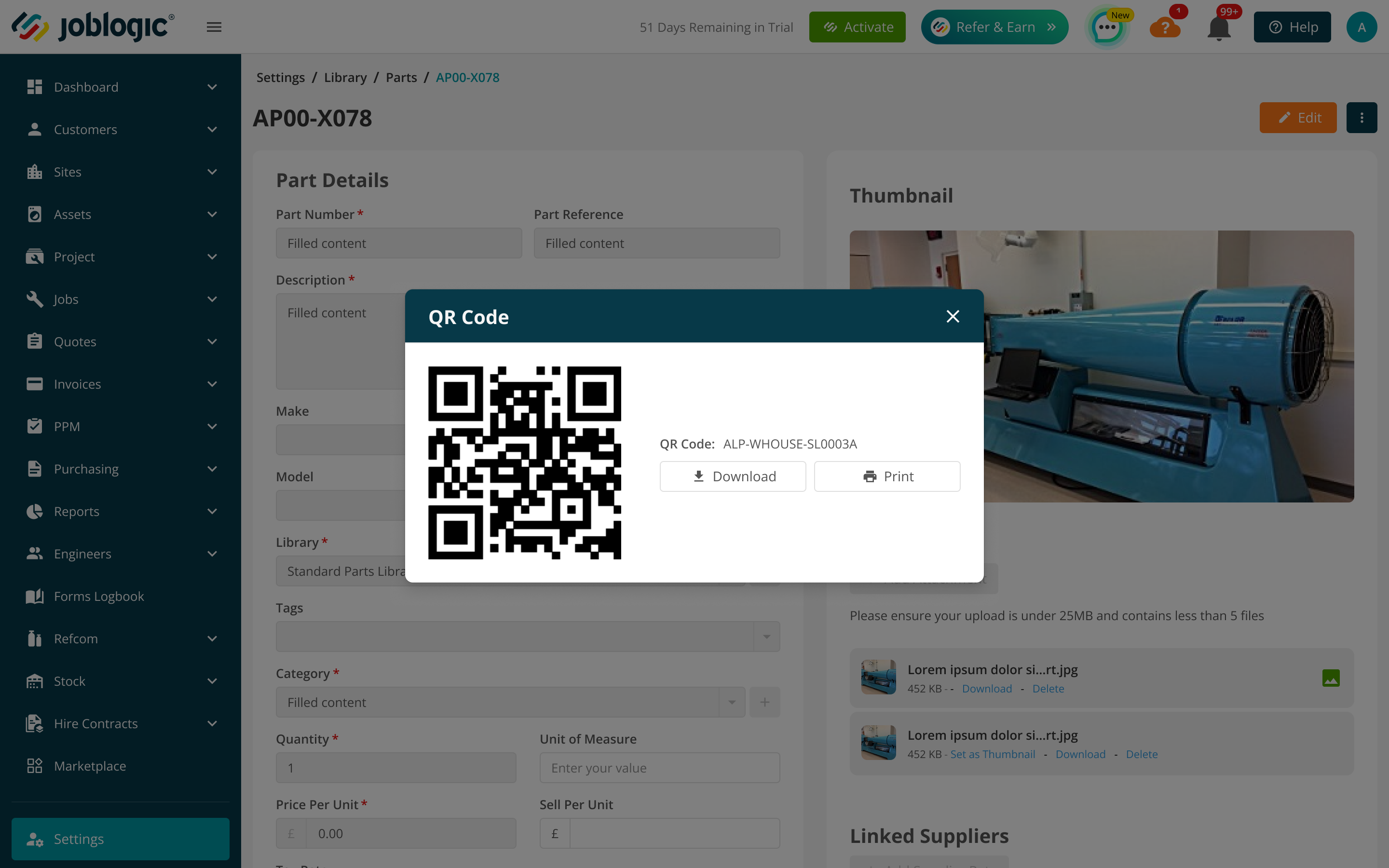 Back Office Part details showing the QR Code window
