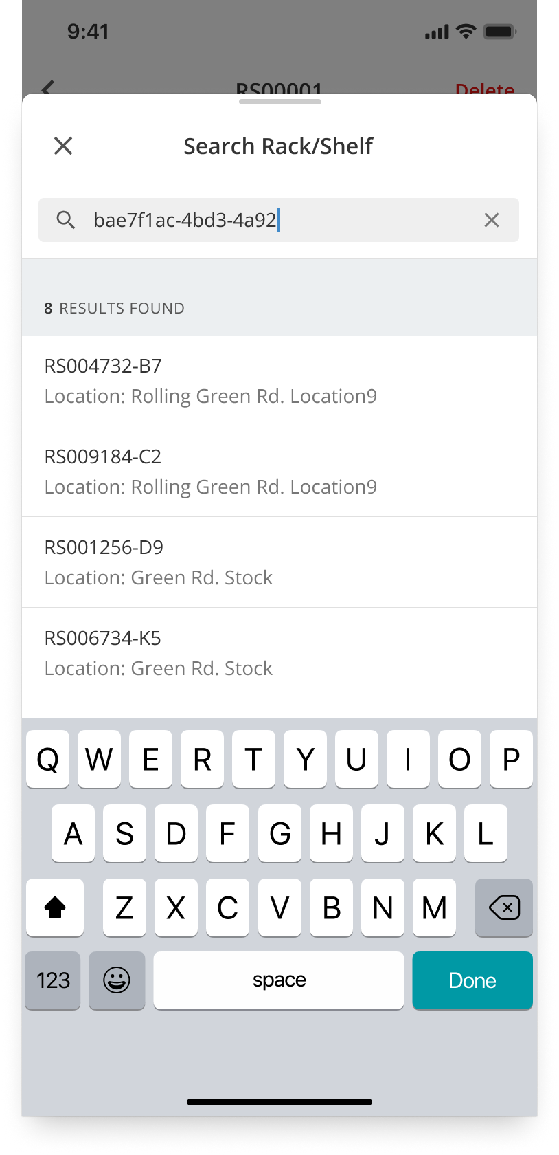 WarehouseFlow Search Rack or Shelf panel showing matching locations