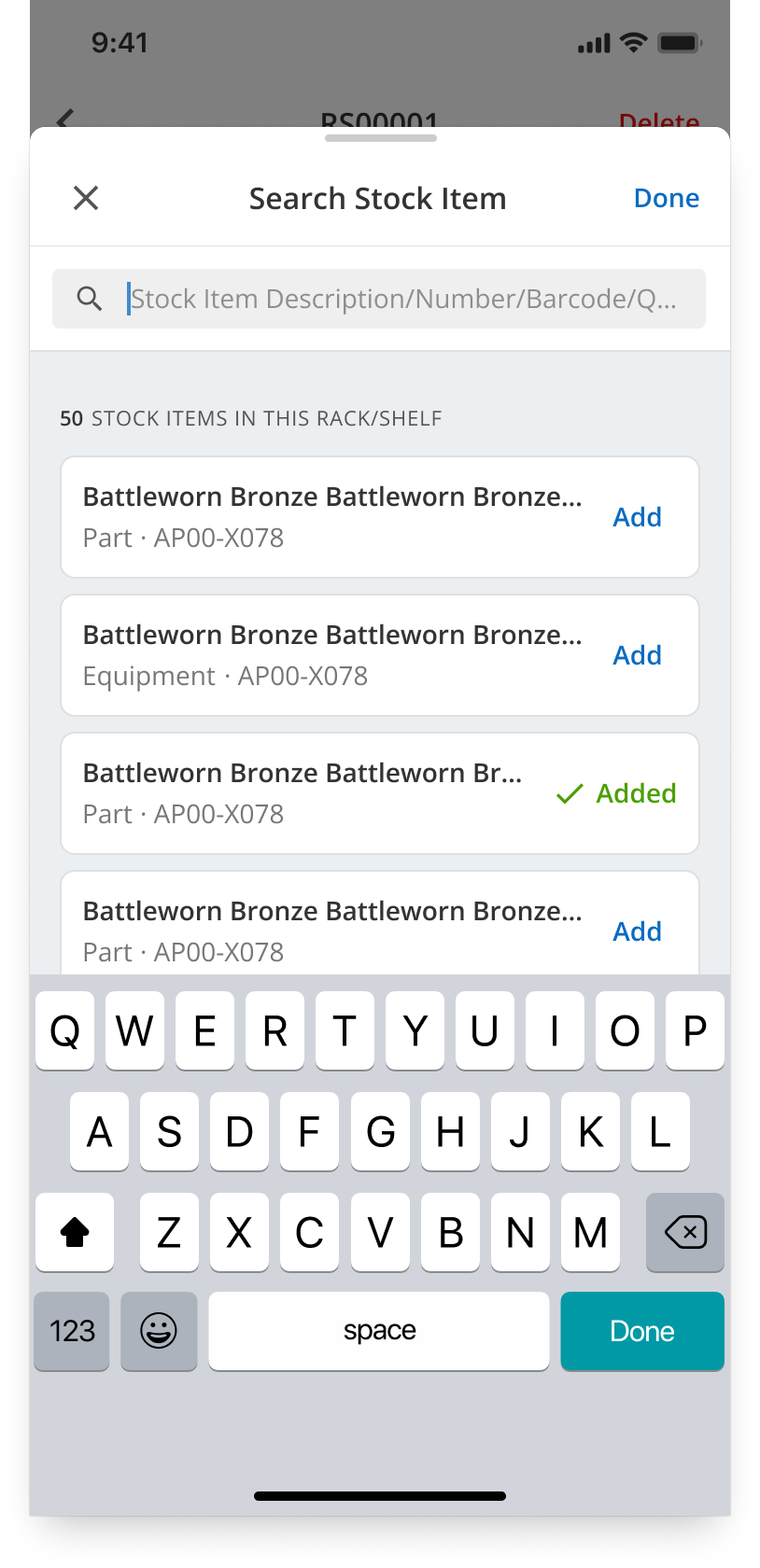 WarehouseFlow Search Stock Item panel showing matching Parts and Equipment