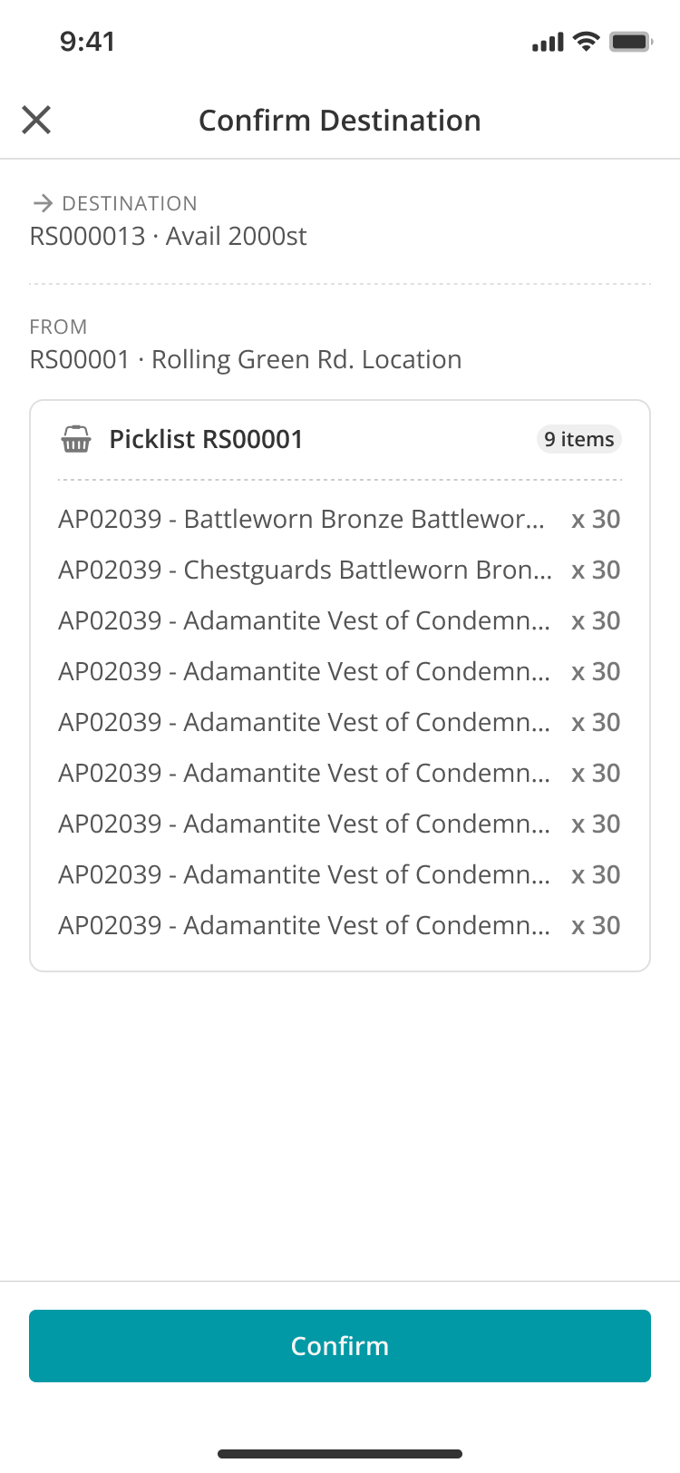 Confirm Destination screen showing the source, destination and picklist details
