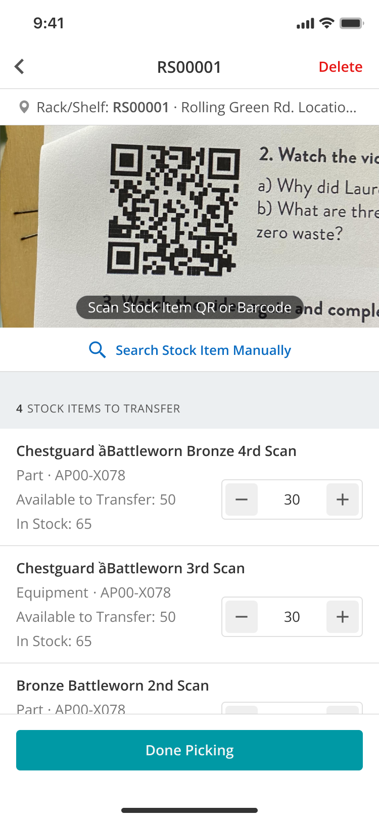 Stock Transfer picklist showing selected items and transfer quantities