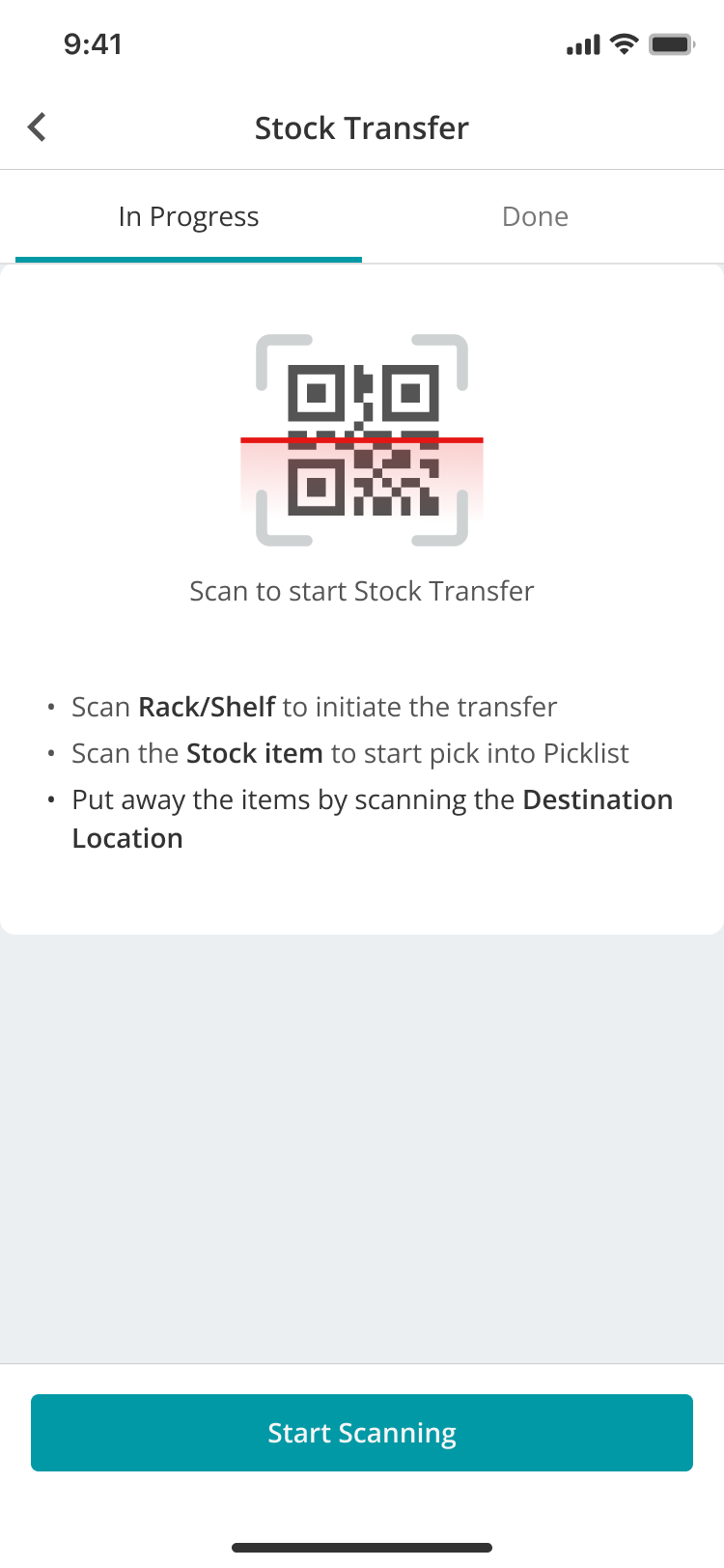 Stock Transfer start screen with instructions to scan a Rack or Shelf