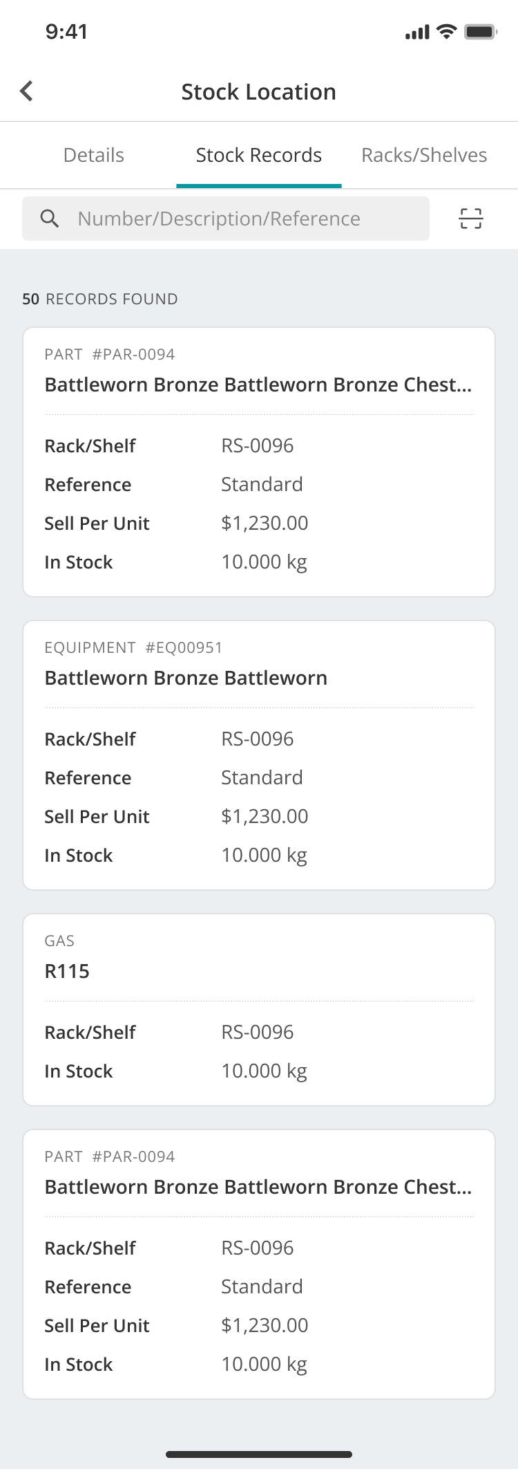 WarehouseFlow Stock Location screen showing the Stock Records held at the selected location