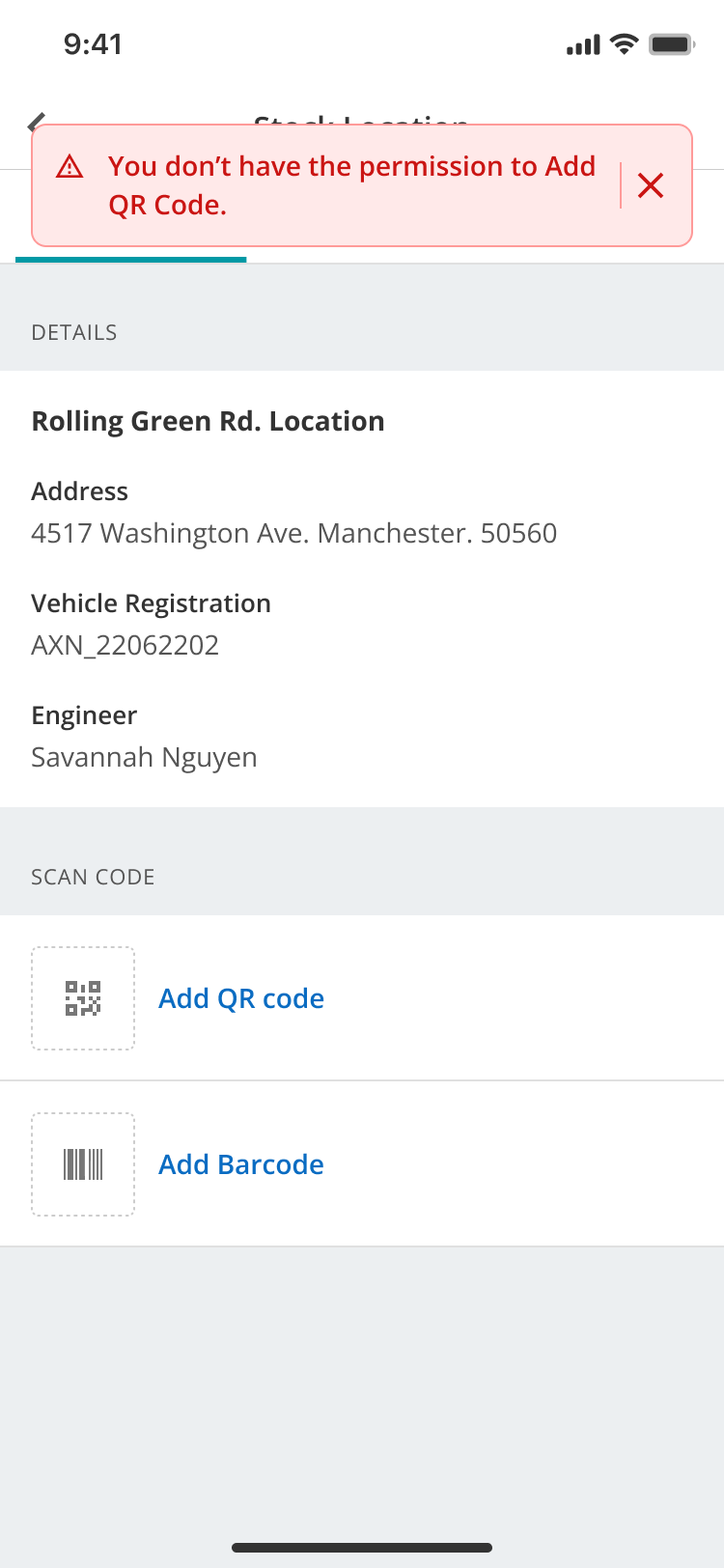 WarehouseFlow Stock Location screen showing that the user does not have permission to add a QR Code