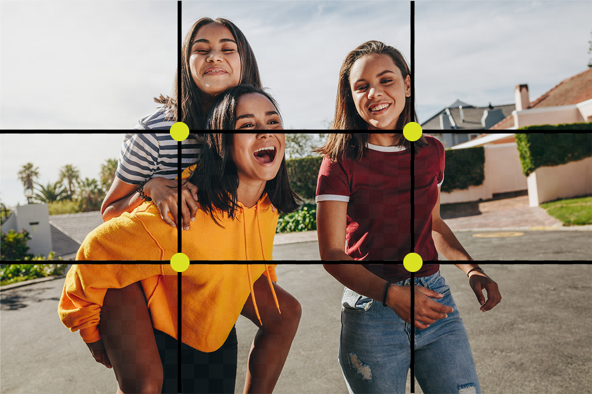 three students with rule of thirds overlayed