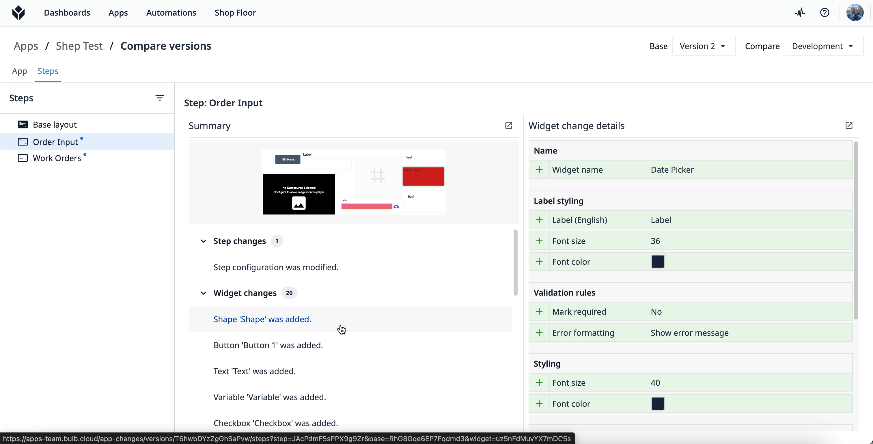 Compare versions open app editor