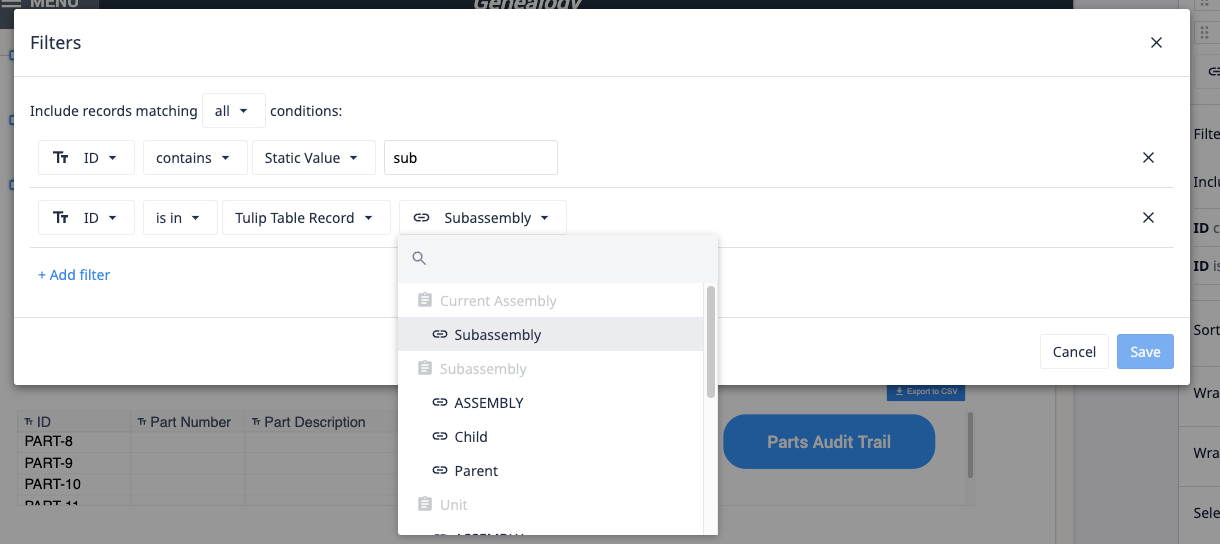 Linked record interactive table filters