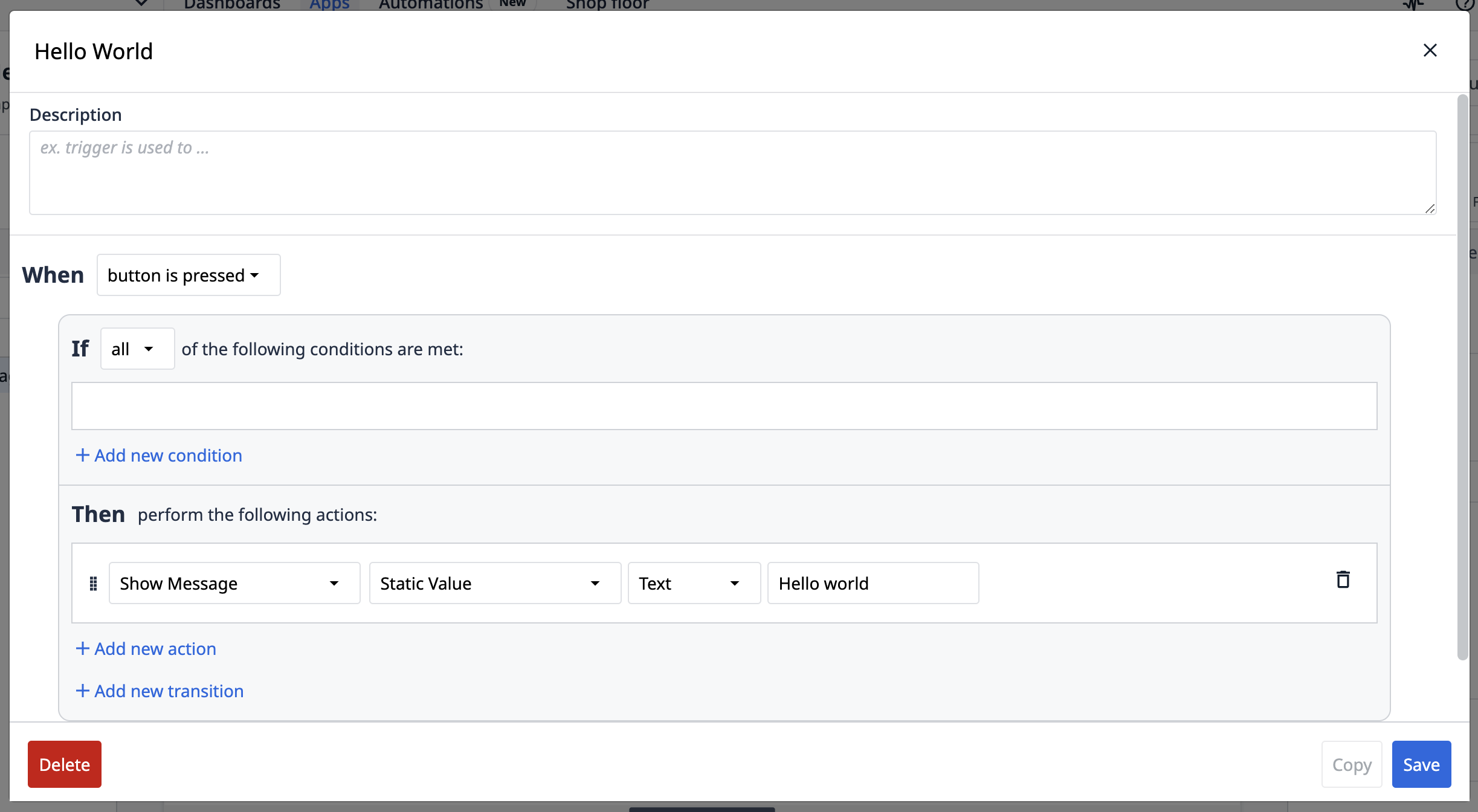 ex first app Hello world button trigger