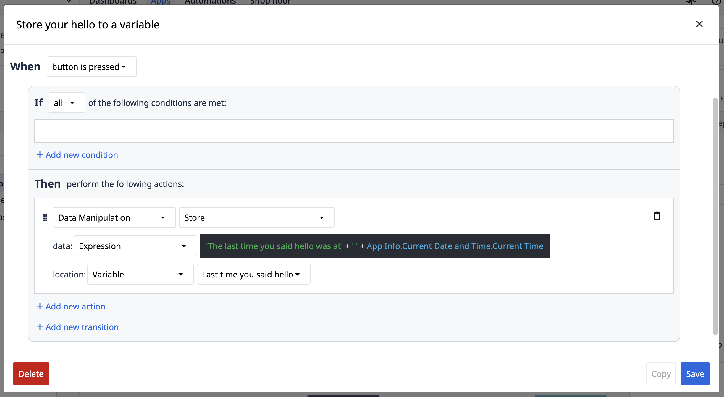 ex first app trigger store hello expression