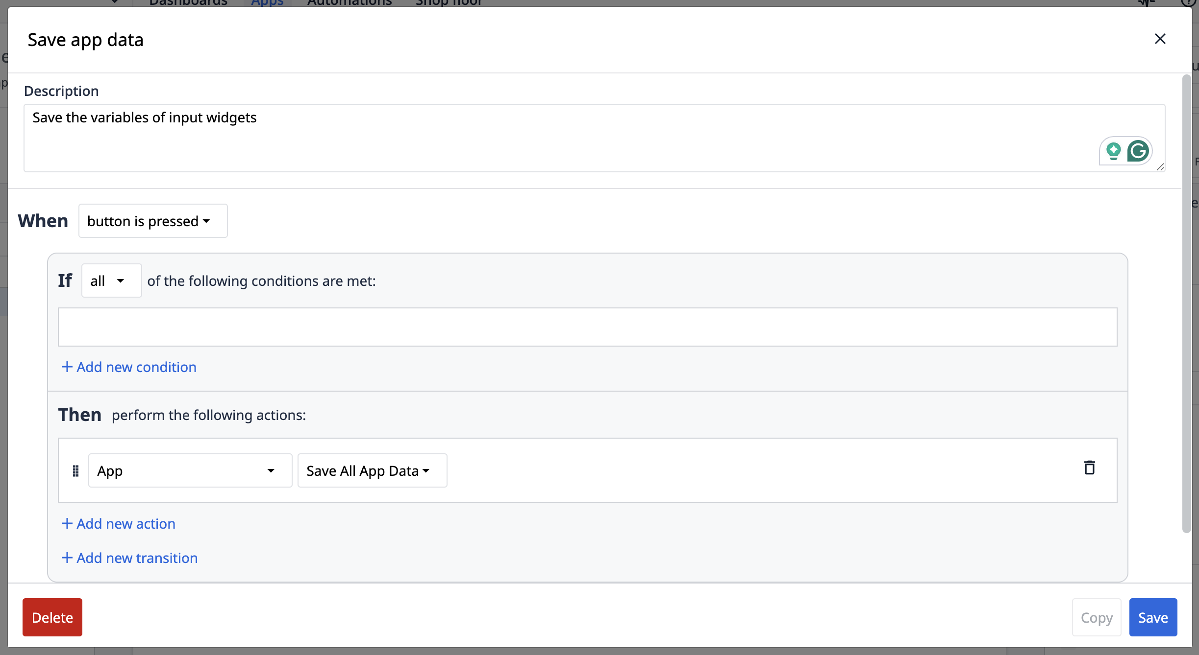 ex first data entry save app data trigger