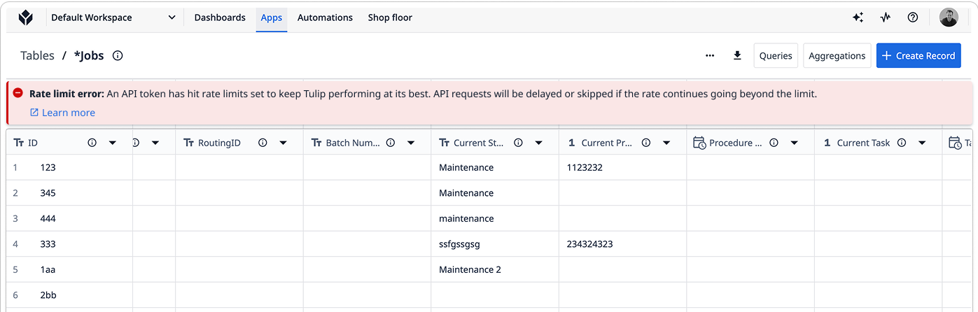 table rate limit banner-error