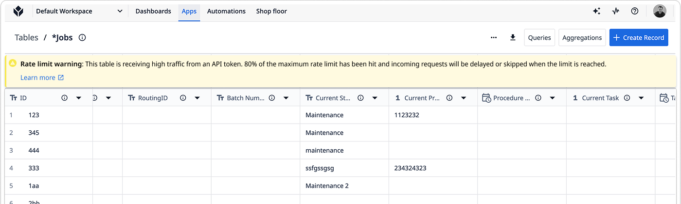 table rate limit banner-warning