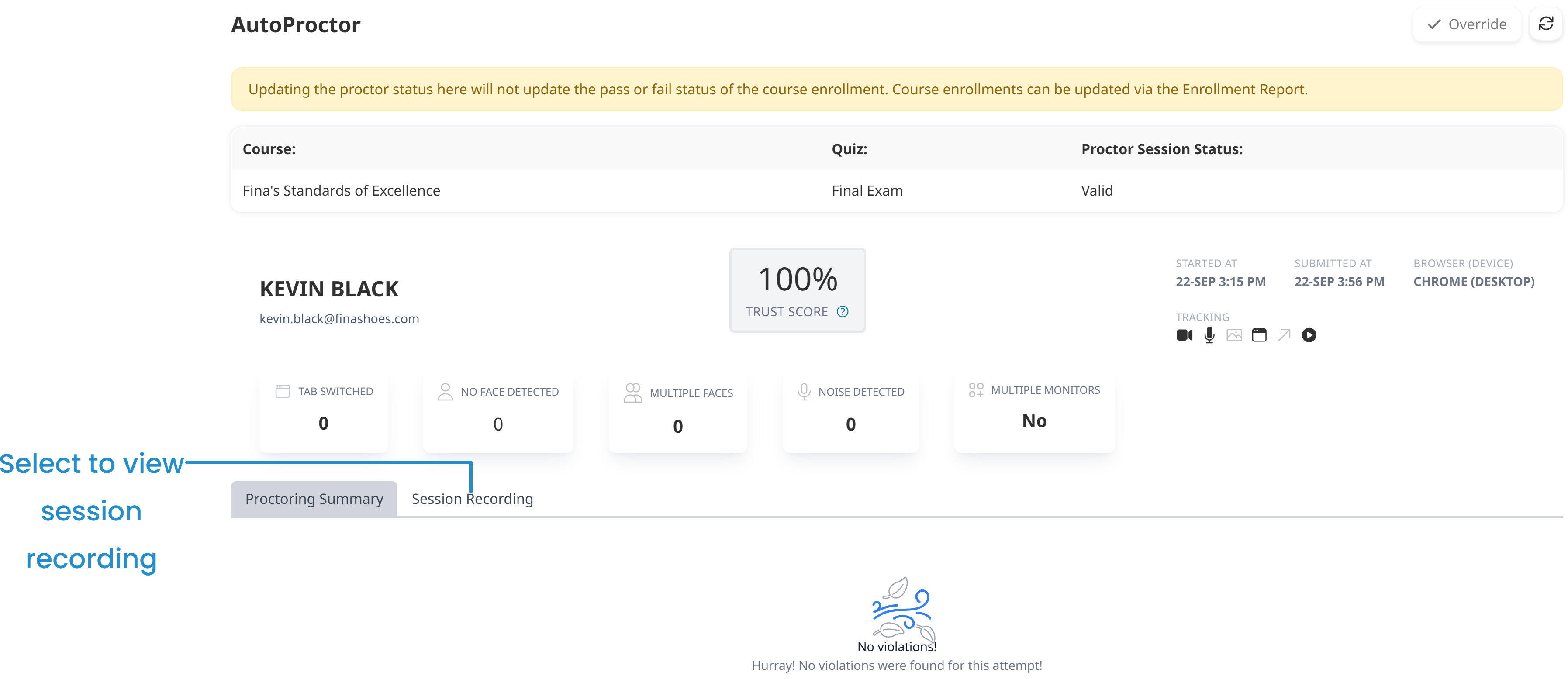 AutoProctor Learner Report - Session Recording Tab Annotated 20250923.png
