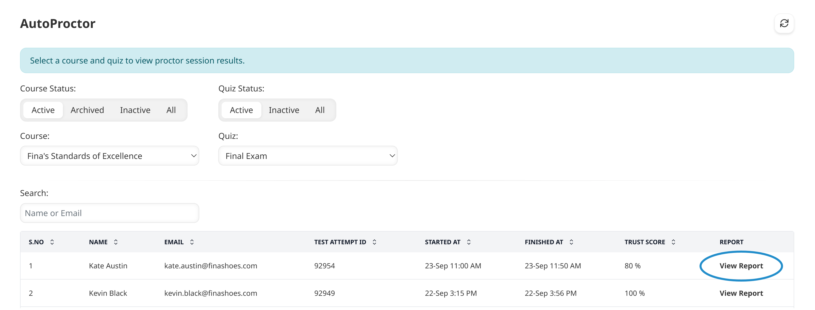 AutoProctor Workscreen - View Report Link Annotated 20250923.png