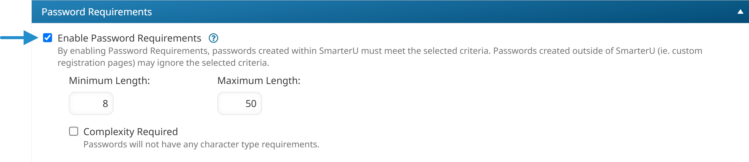 Enable password requirements checkbox