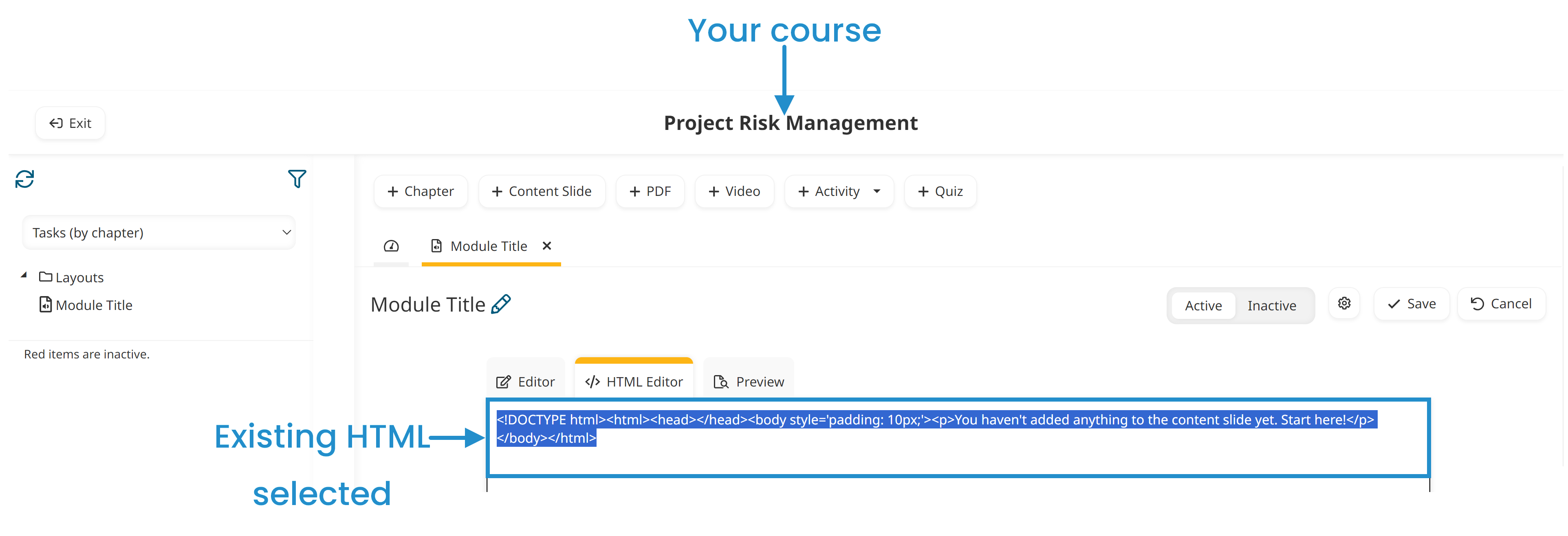 New Course - Module Title - Existing HTML Selected 20240829