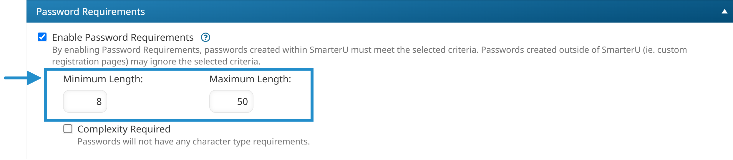 Minimum and maximum password length settings