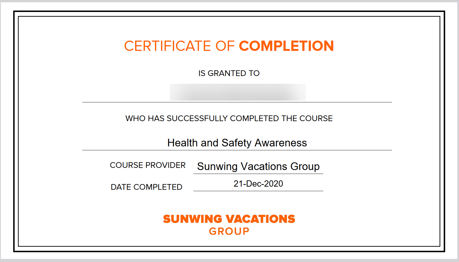 Sunwing - Certificate 20240723