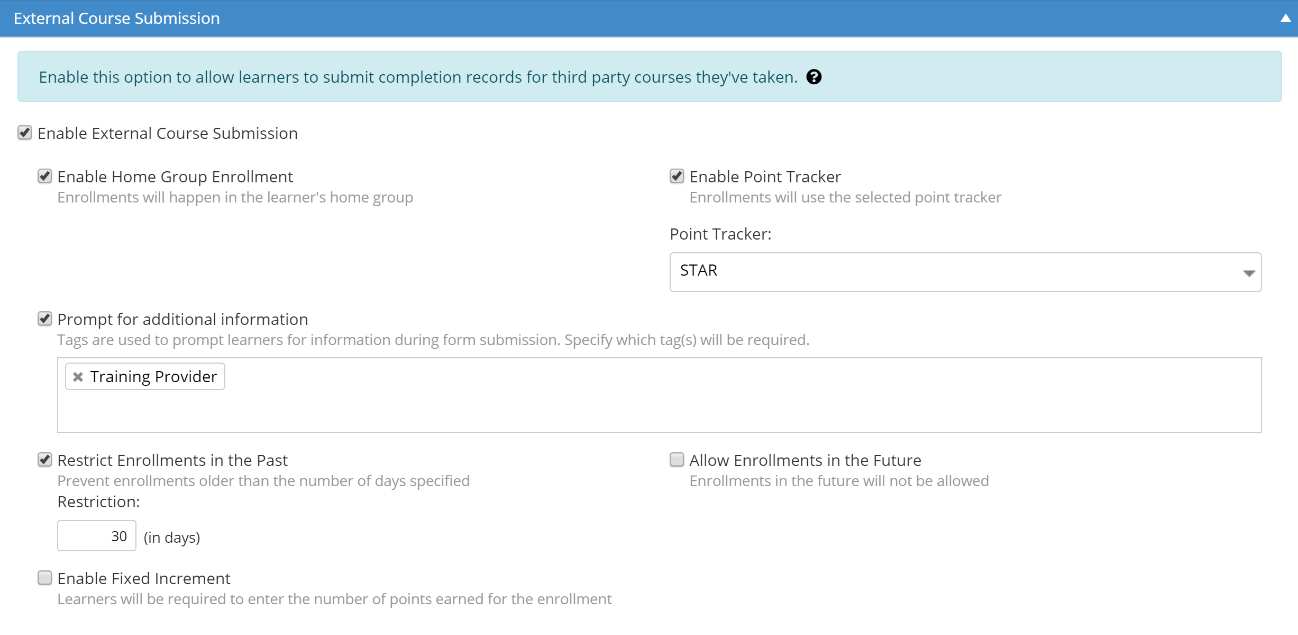 Account External Course Submission settings