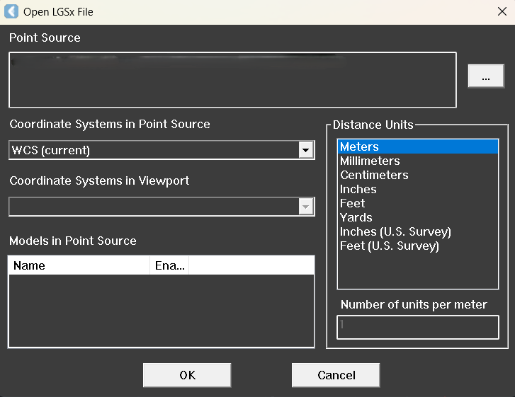 Settings for point source and coordinate systems in a software interface.