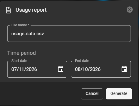 Usage report interface showing file name and date selection for report generation.
