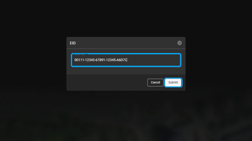 EID dialog with a sample EID entered and the Submit button highlighted