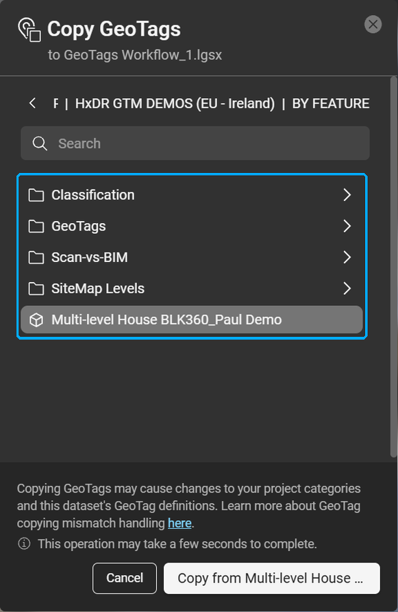 Copy GeoTags dialog with an asset selected as the source