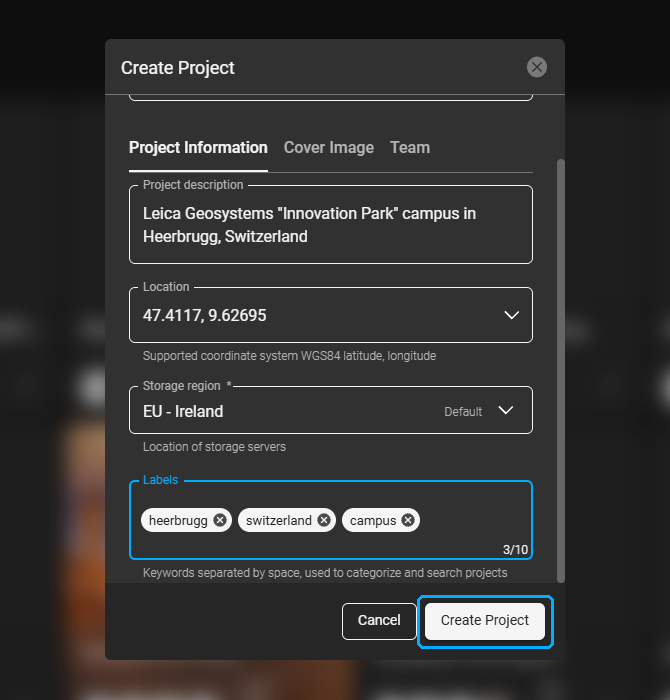 Create Project dialog with labels added and the Create Project button highlighted