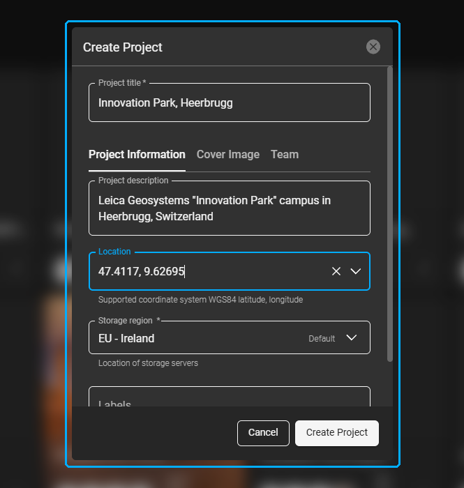 Create Project dialog with project title, description, location and storage region