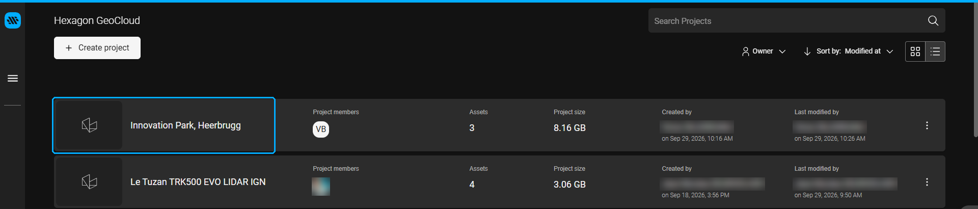 New project highlighted in the project list