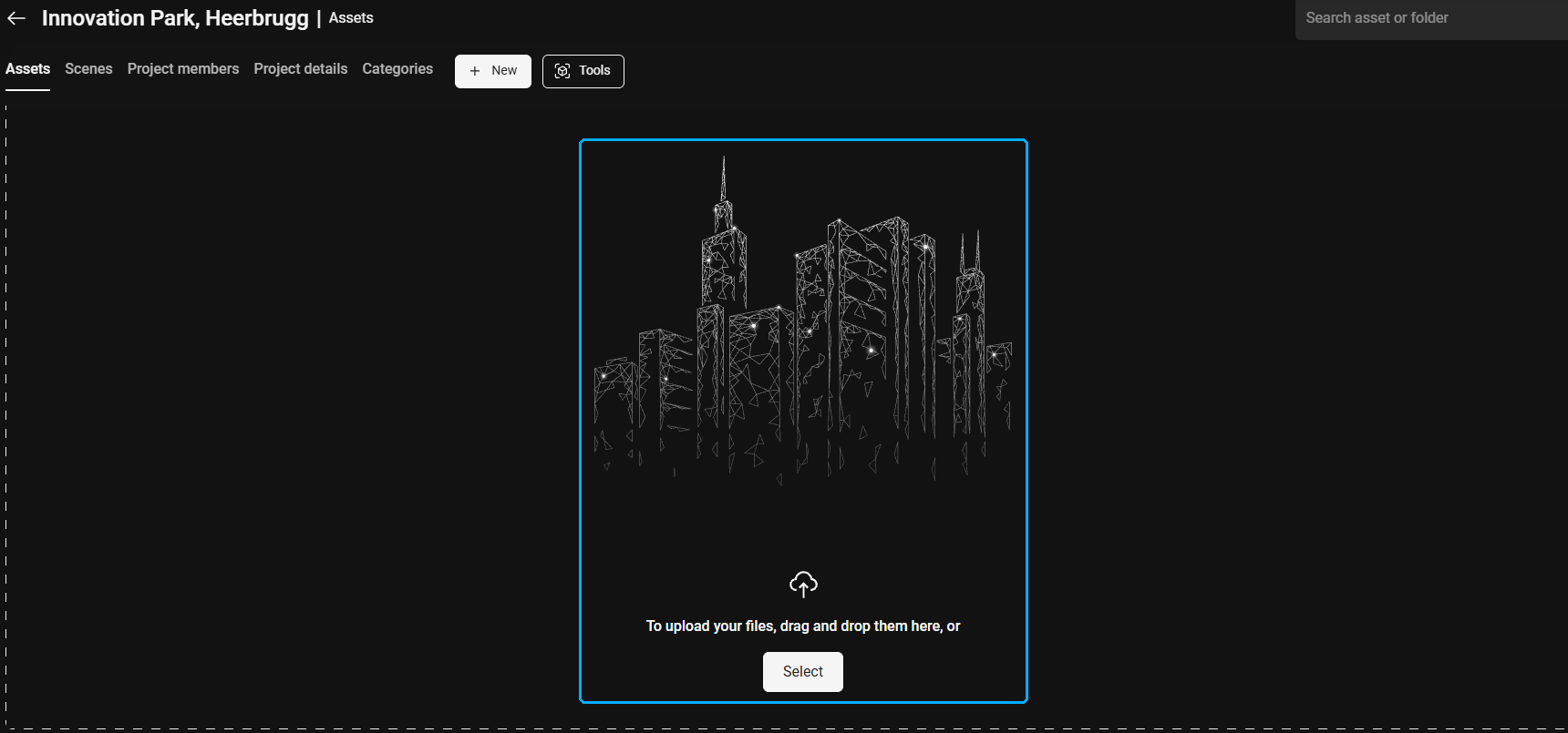 Upload area of an empty project with the Select button
