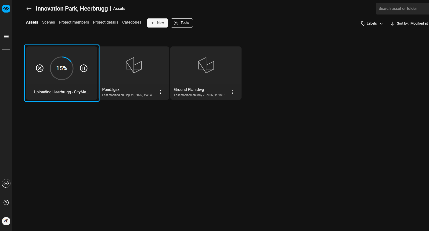 Upload in progress on the project Assets page