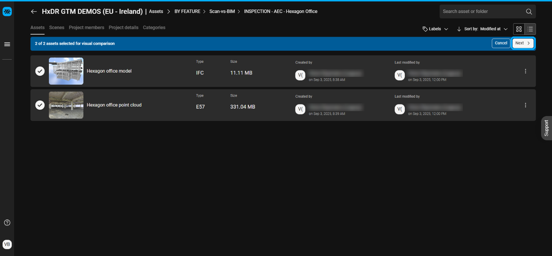 Banner showing two assets selected, with the Next button