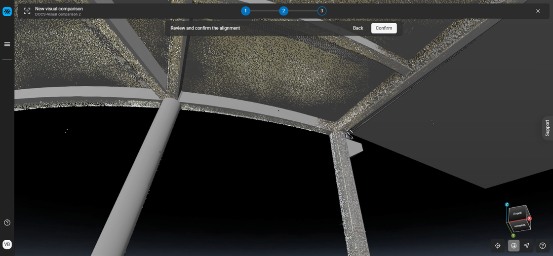 Close-up of the point cloud aligned on the model columns and beams