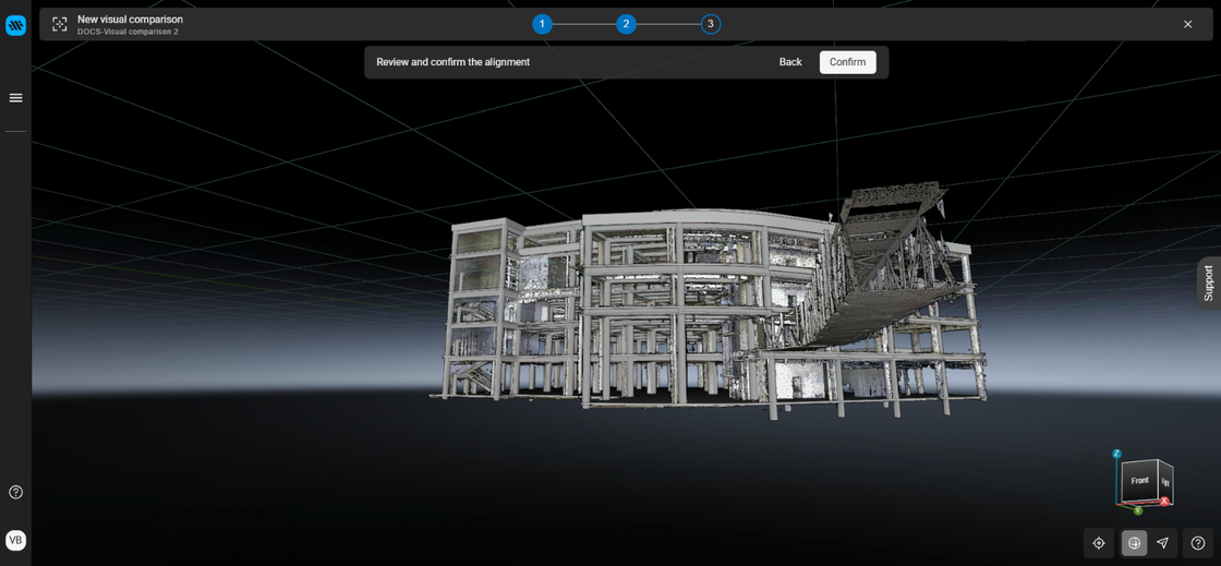 Front view of the whole building with the point cloud aligned to the model