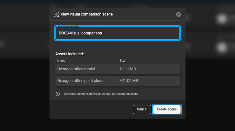 New visual comparison scene dialog with the scene name field and the Create scene button