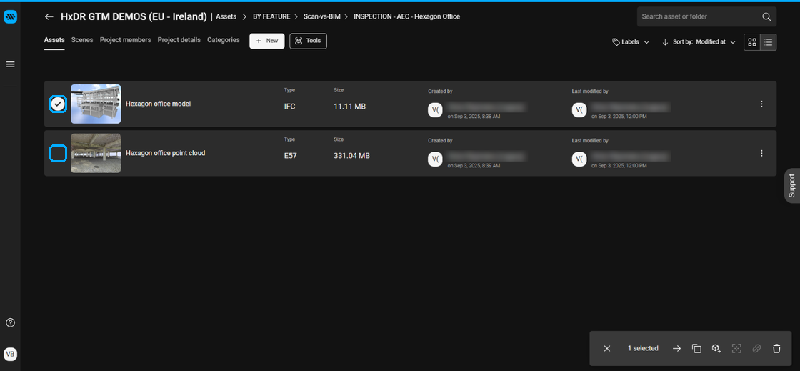 Asset list with the model and point cloud check boxes selected