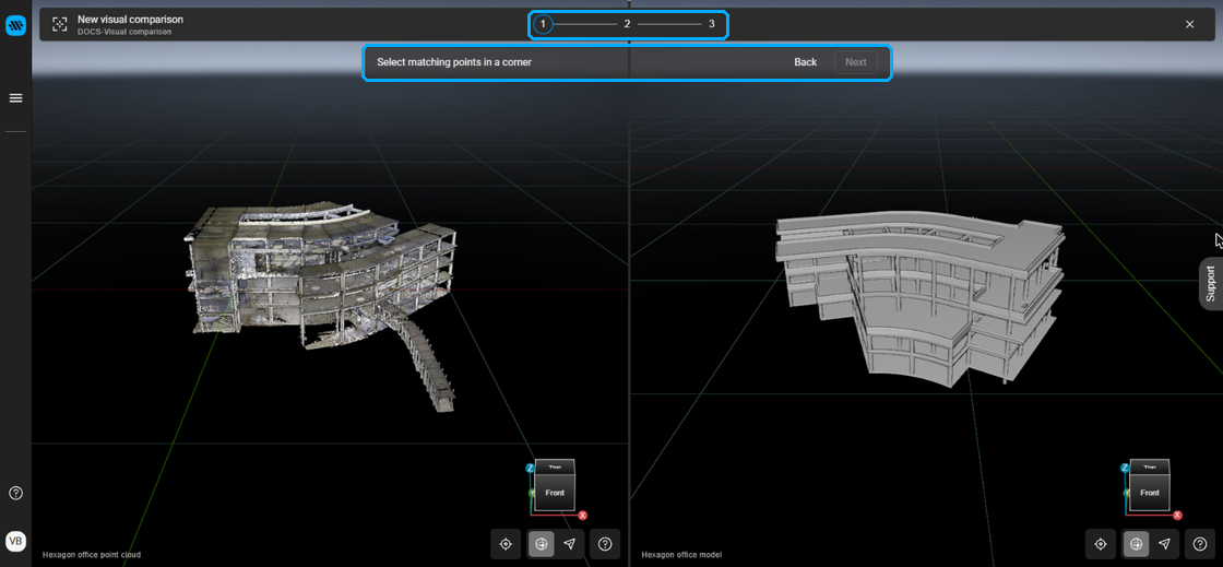Side-by-side view of the point cloud and the model, with the progress steps and instructions at the top