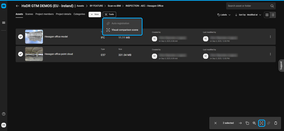 Tools menu with Visual comparison scene, and the Visual comparison quick-access button at the bottom right