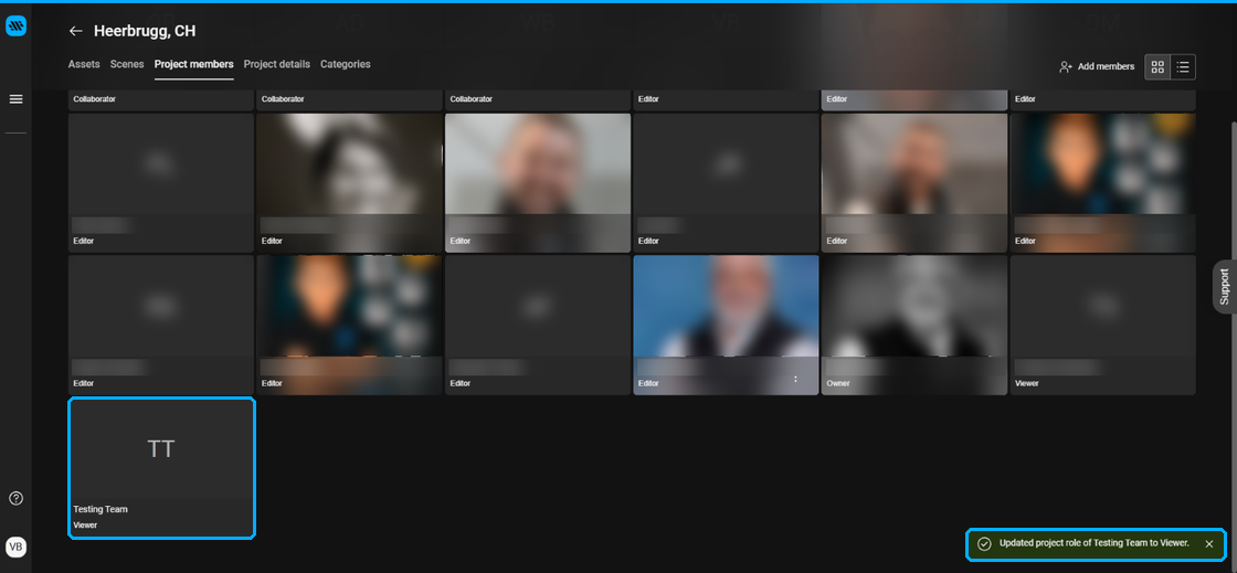 Project members with the Updated project role notification in the bottom right corner