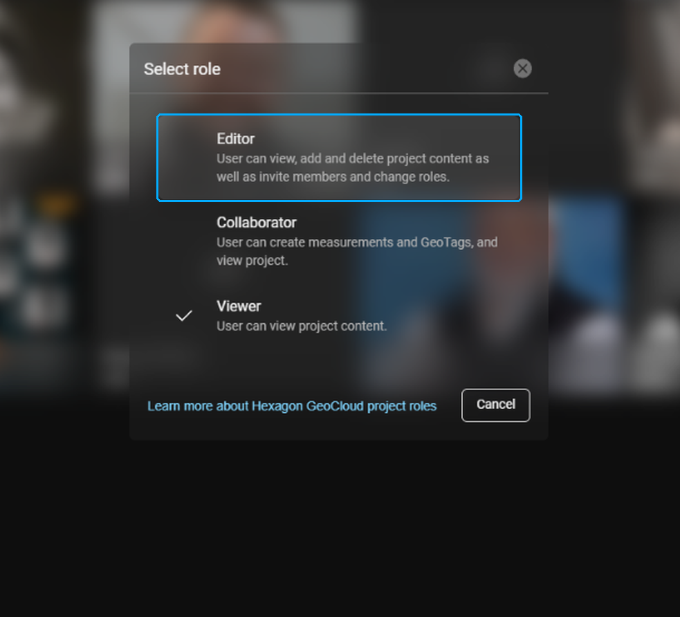 Select role dialog with Editor highlighted