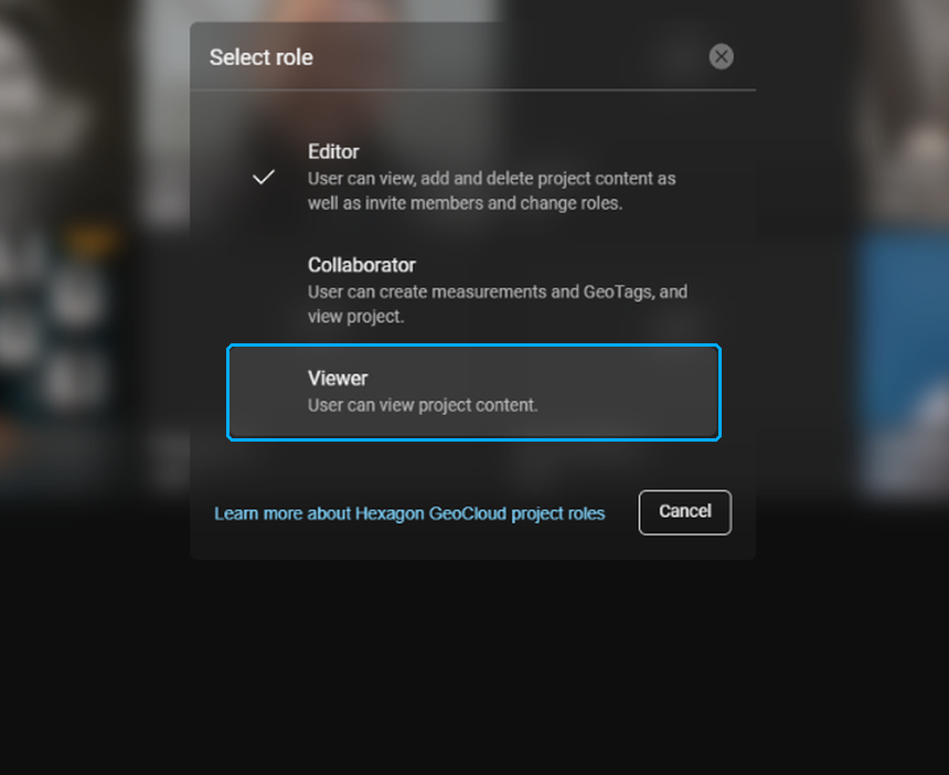 Select role dialog with Viewer highlighted