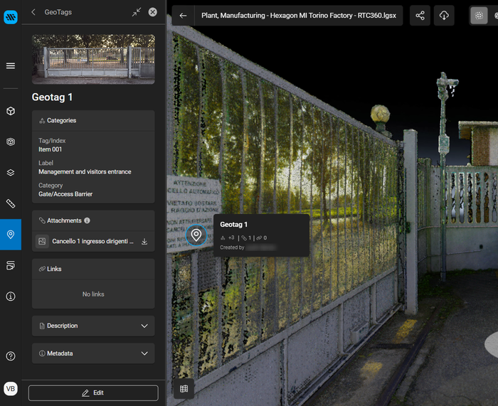 GeoTag details open in the GeoTags tray, with the GeoTag pin and hover summary in the 3D view