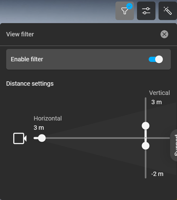 View filter panel with Enable filter switched on and the horizontal and vertical distance sliders