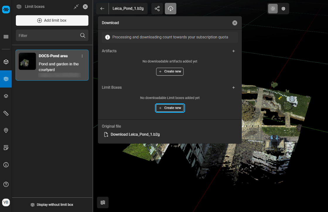 Download panel with Create new highlighted in the Limit Boxes section
