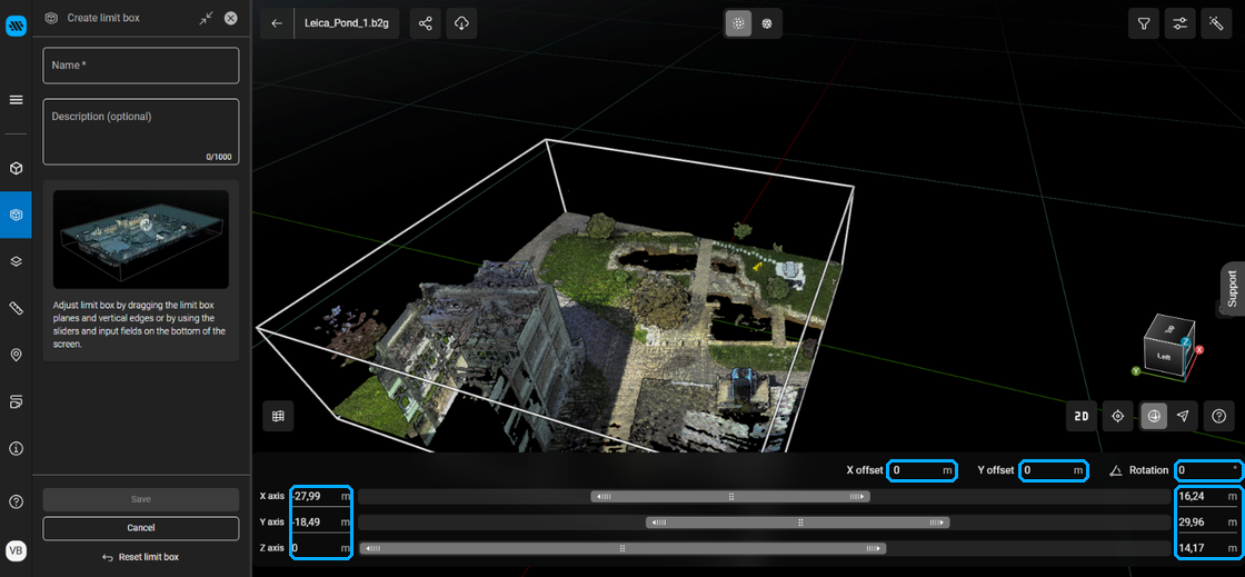 Limit box around the courtyard with the X offset, Y offset, Rotation and axis value fields highlighted